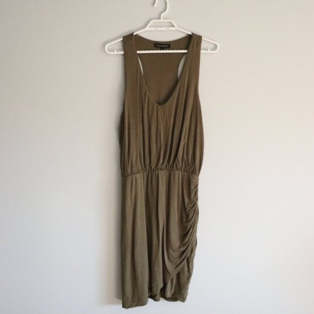 Banana Republic Women's Sz M Green Sleeveless Ruched Stretch Slit Midi Dress